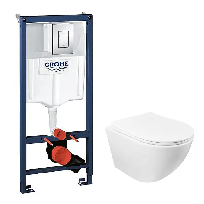 Сет 3 в 1 инсталляция Grohe Rapid SL с клавишей смыва + подвесной унитаз Azario Grado  с быстросъемным сиденьем микролифт (38772001+AZ-0046 SP)