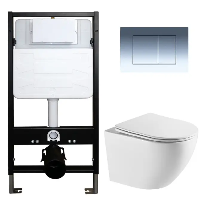 Сет: Инсталляция для подвесного унитаза AZARIO FORTE + подвесной унитаз Azario Grado безободковый, слив "скрытое Торнадо + Кнопка смыва AZARIO FORTE хром глянцевый (AZ-100-100F+AZ-0046-UQ3+AZ-100-002F)