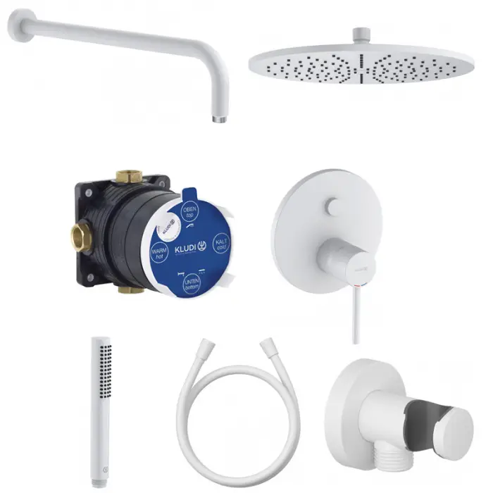 Душевой комплект 7 в 1 KLUDI BOZZ  керамический картридж, верхний душ 300 мм, белый матовый (386585376)